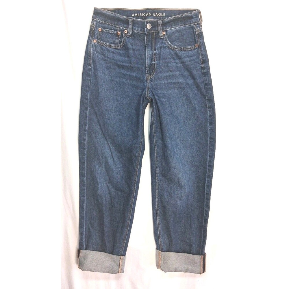 AMERICAN EAGLE Women 2 Strigid High Rise Baggy Straight Dark Wash Stovepipe Jean